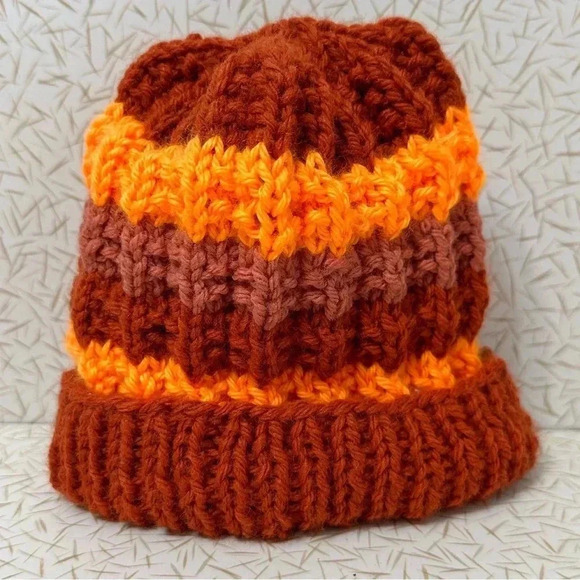 Knitted 🧶 Winter Beanie (Baby Size) pumpkin, salmon, & high visibility Orange - Picture 1 of 5